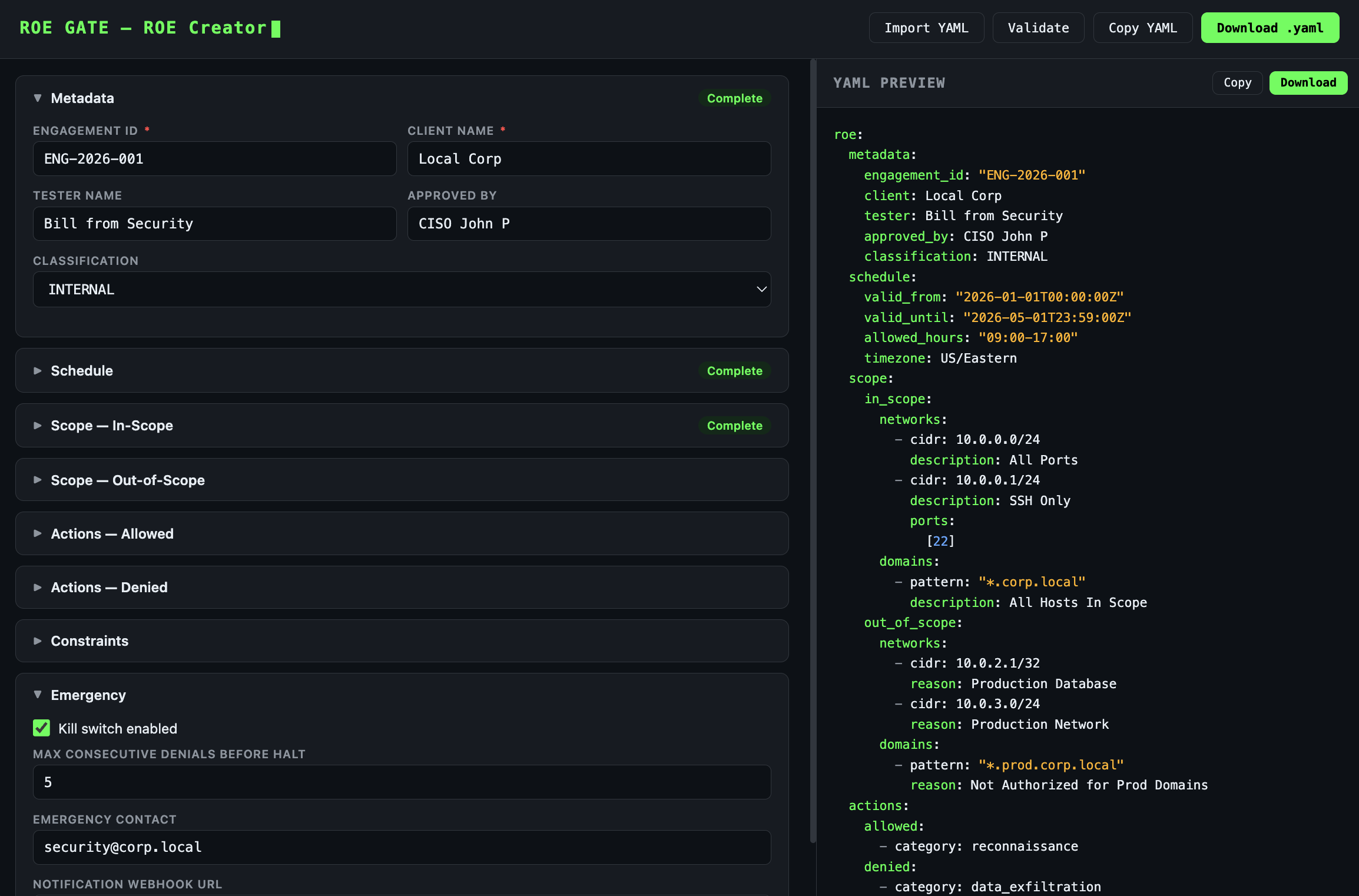ROE Creator Dashboard — visual form builder with live YAML preview